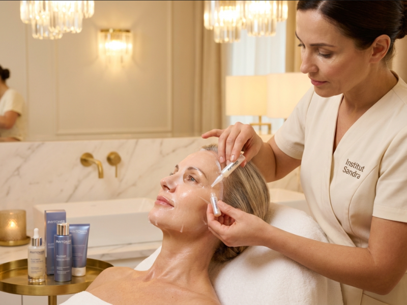 Soin visage Oligoforce Lumière à l'Institut Sandra à Montélimar : traitement anti-âge illuminant avec peeling acide 20% et masque Oligomer exclusif Phytomer pour atténuer taches pigmentaires et lisser les rides en 1 heure